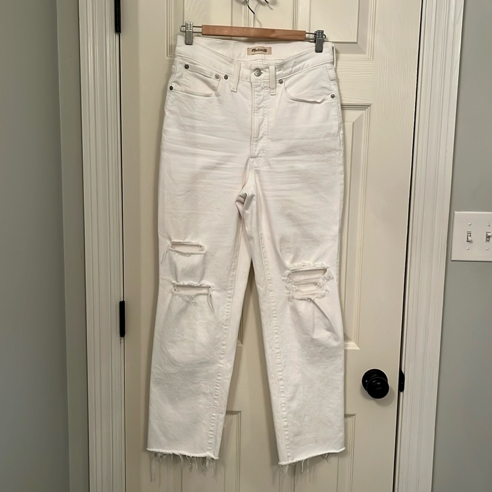 Madewell Women’s White Perfect Vintage Straight Jeans  Sz 27 Distressed‎ Raw Hem